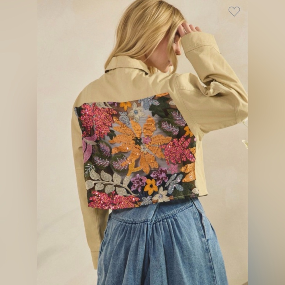 Beige Cropped Jacket with Floral Embroidered Back Panel